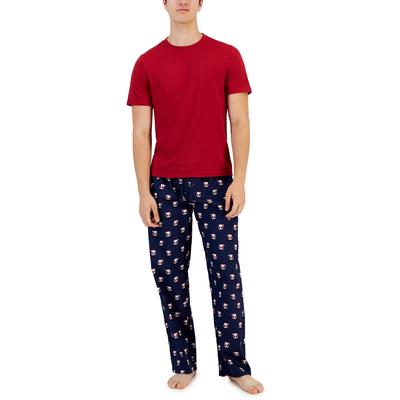 Club Room Men's Solid Short Sleeve Top & Santa Bottom Pajama Set Blue Medium