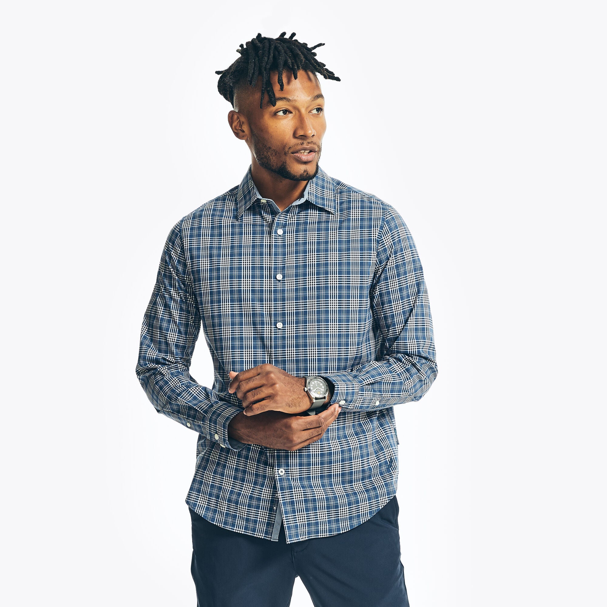 Nautica Mens Slim Fit Navtech Plaid Button Down Shirt Estate Blue Small