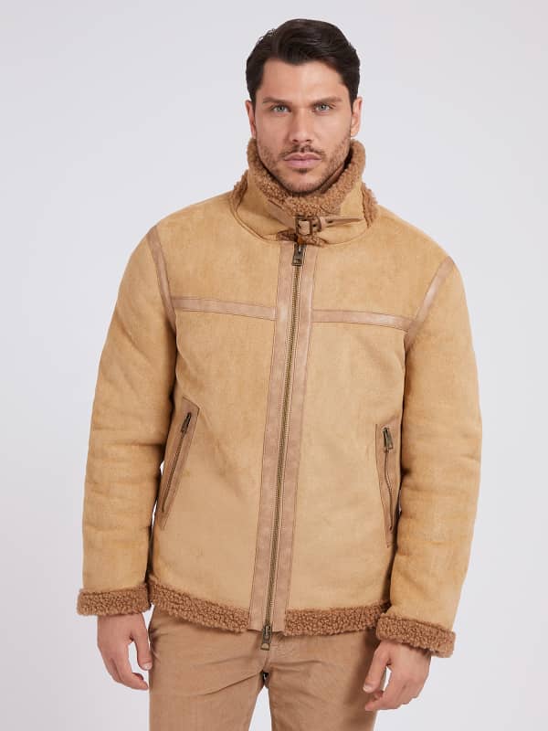 Guess Mens Faux Shearling Jacket Beige khaki Small