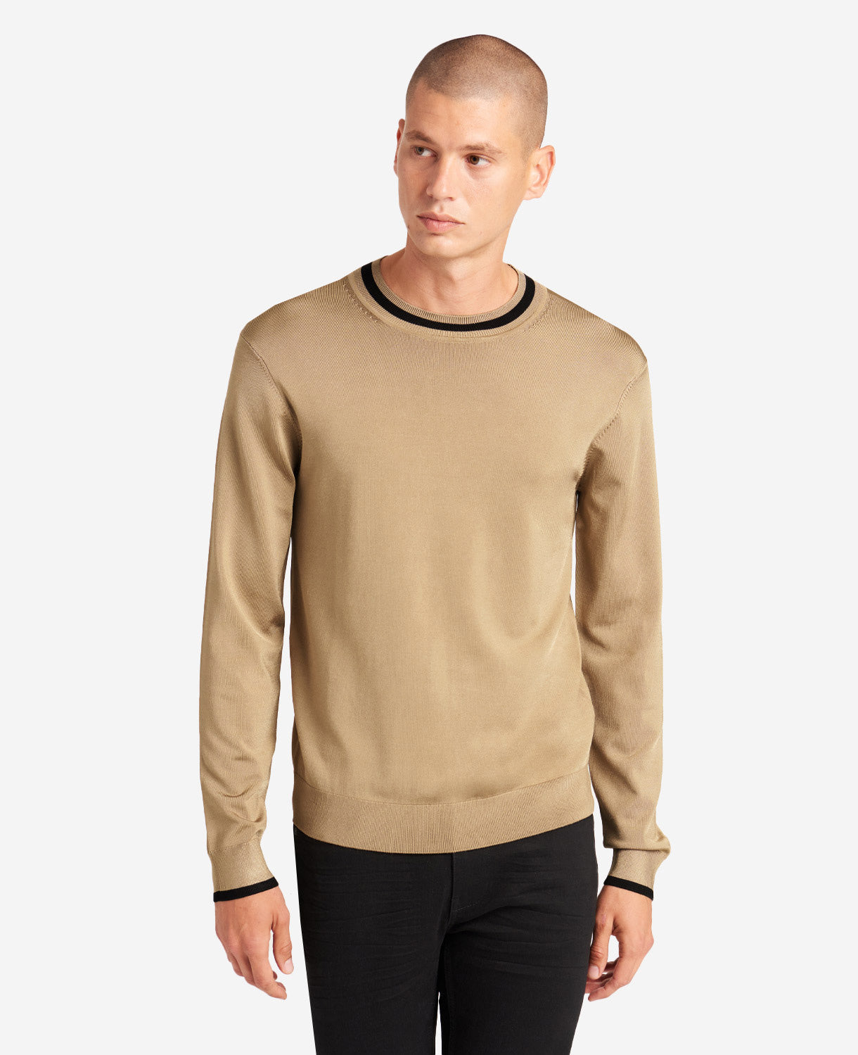 Kenneth Cole Men's Striped Collar Pullover Knit Sweater Light Brown Large