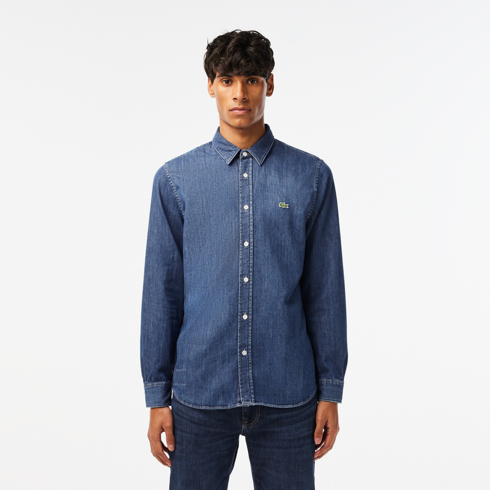 Lacoste Mens Long-Sleeve Button Down Denim Shirt Blue Medium