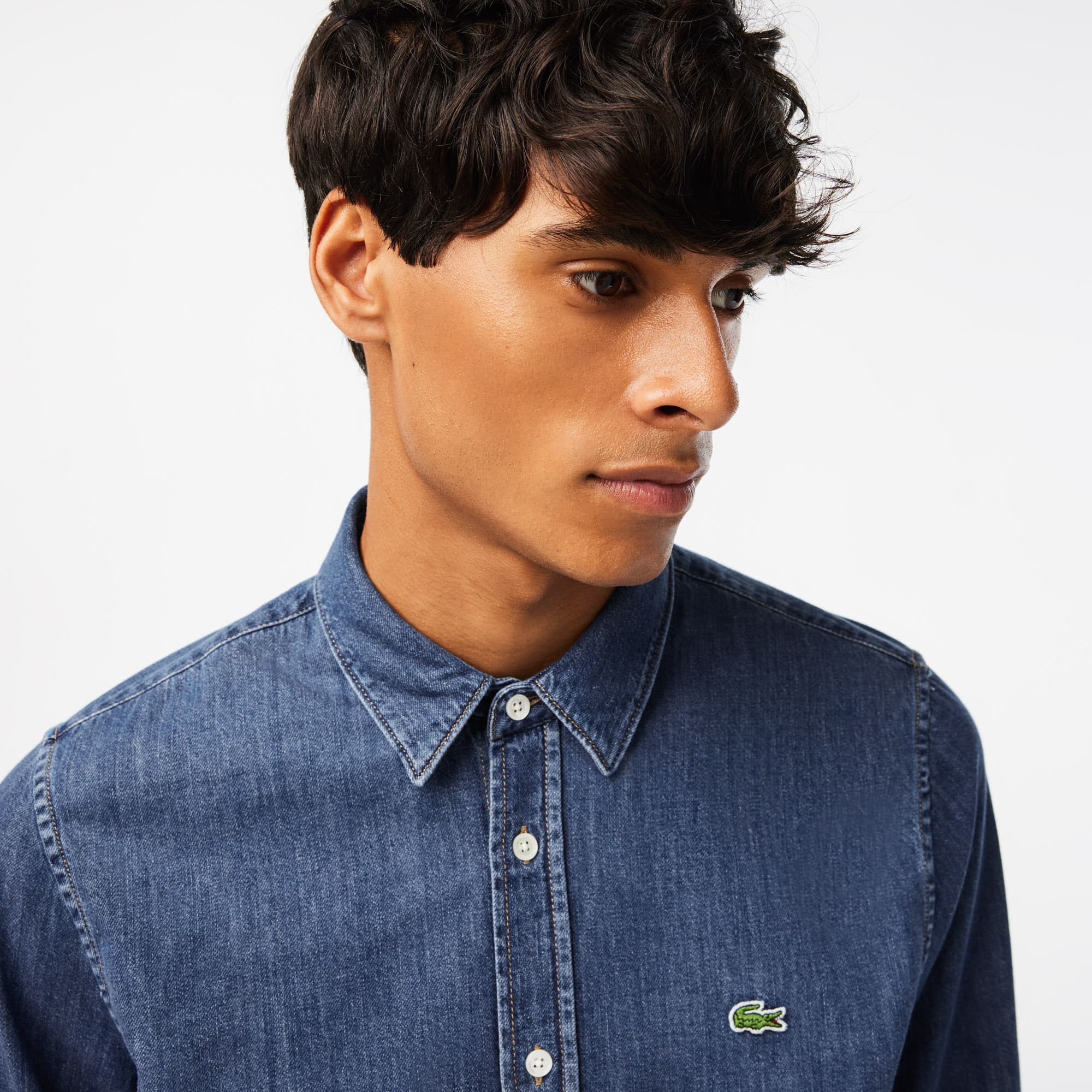 Lacoste Mens Long-Sleeve Button Down Denim Shirt Blue Medium