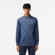 Lacoste Mens Long-Sleeve Button Down Denim Shirt Blue Medium