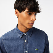 Lacoste Mens Long-Sleeve Button Down Denim Shirt Blue Medium