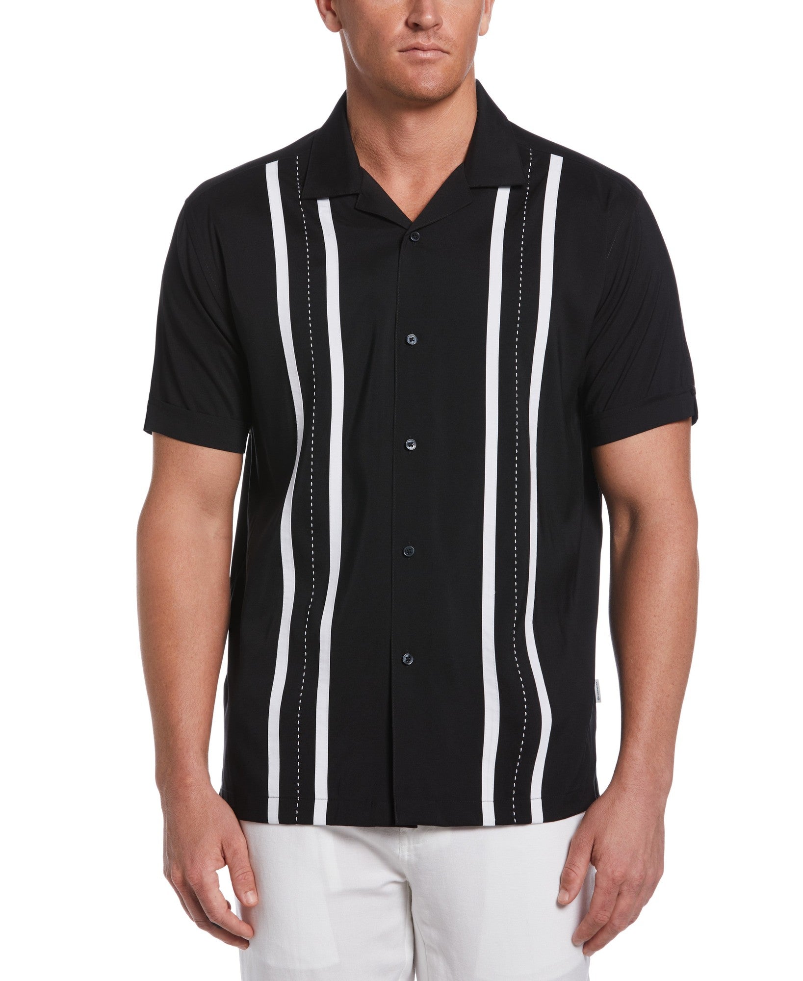 Cubavera Mens Contrast Panel Camp Collar Shirt Jet Black XL