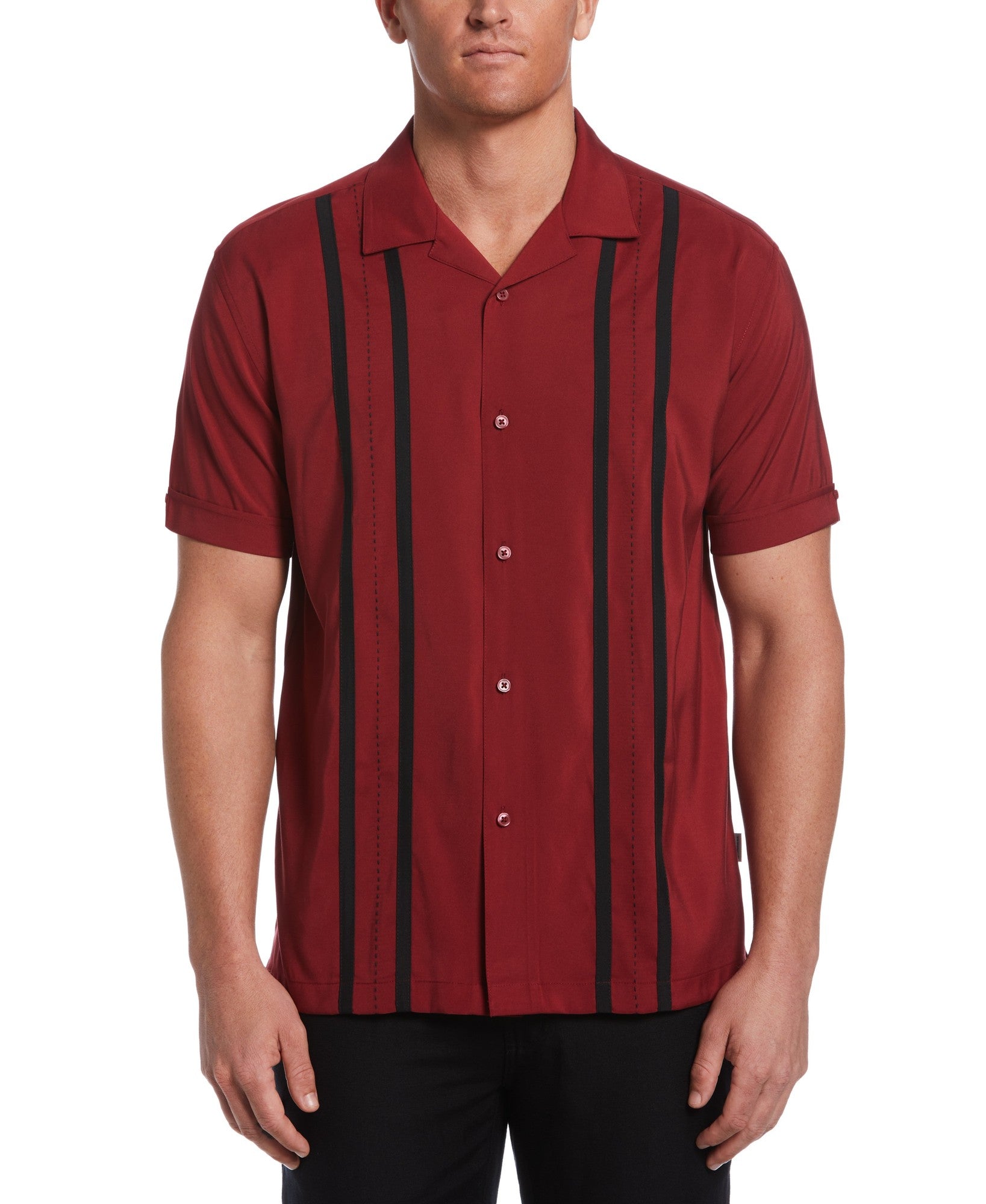 CUBAVERA Men's Contrasting Panel Short-Sleeve Button Down Shirt Red 2XL
