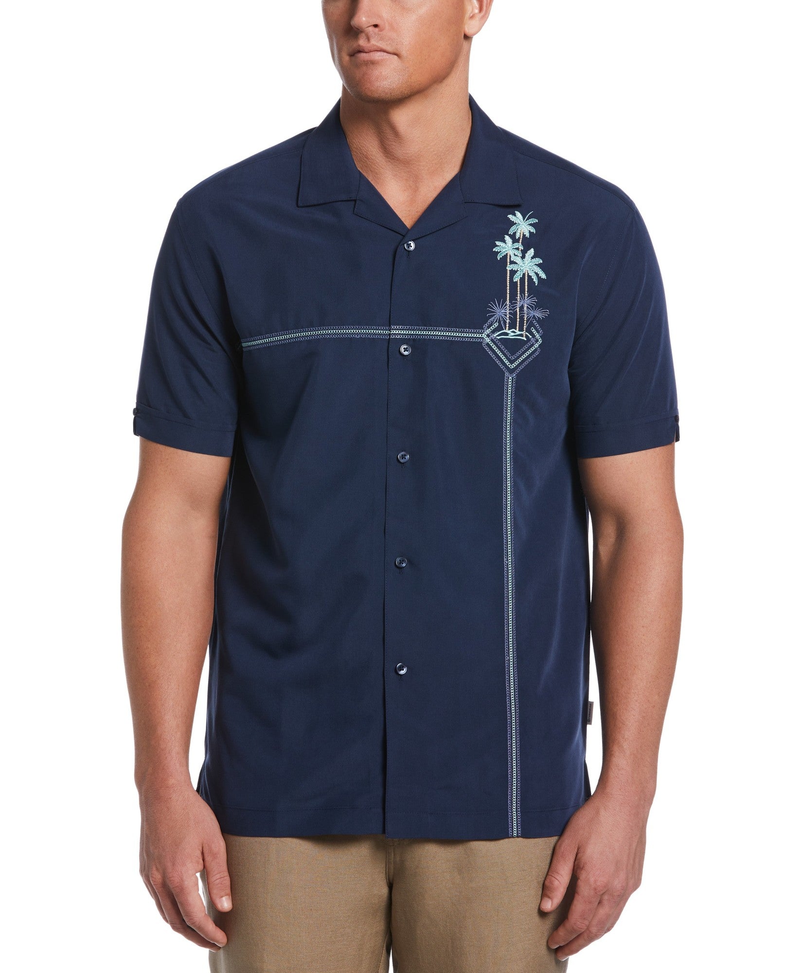 Cubavera Mens Palm Tree Embroidered Camp Shirt Blue Large