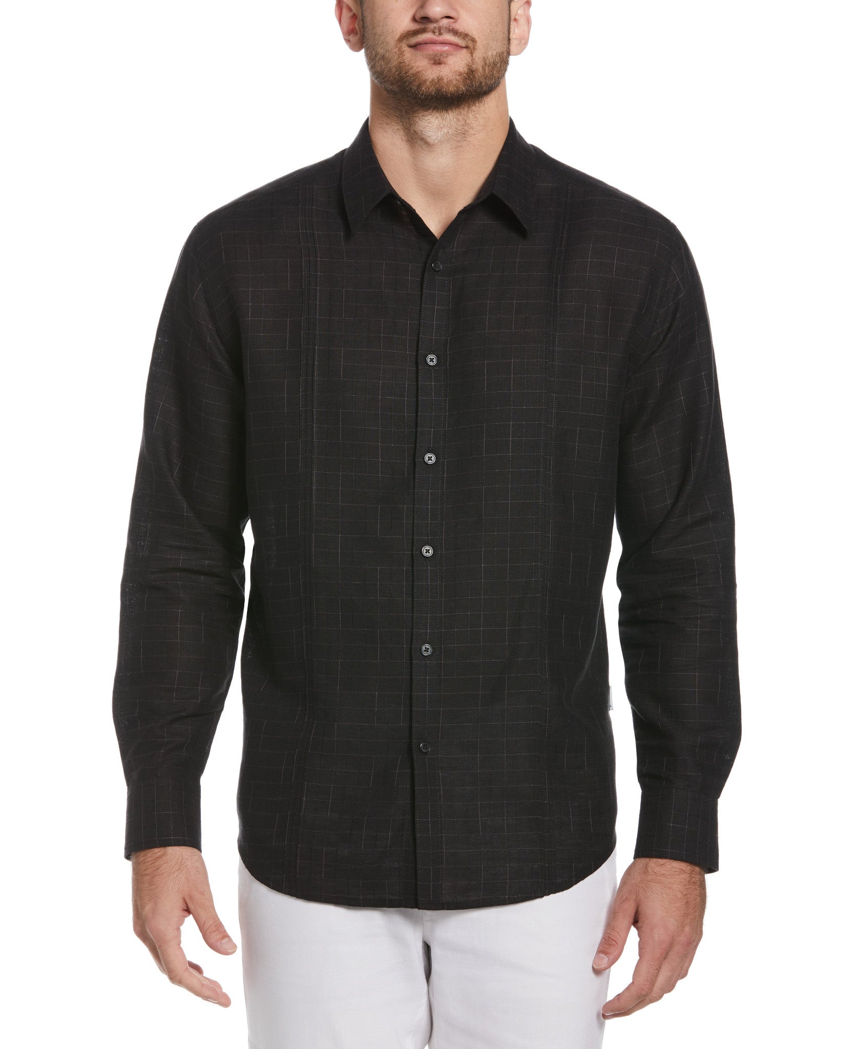 Cubavera Mens Classic Fit Long Sleeve Panel Button-Down Shirt Black Medium
