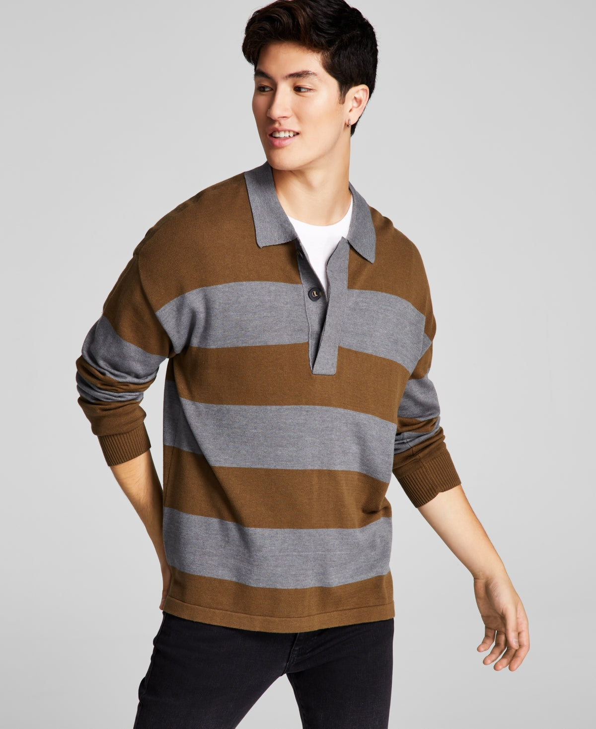 And Now This Men's Striped Rugby Longsleeve Sweater  Olive Green Small