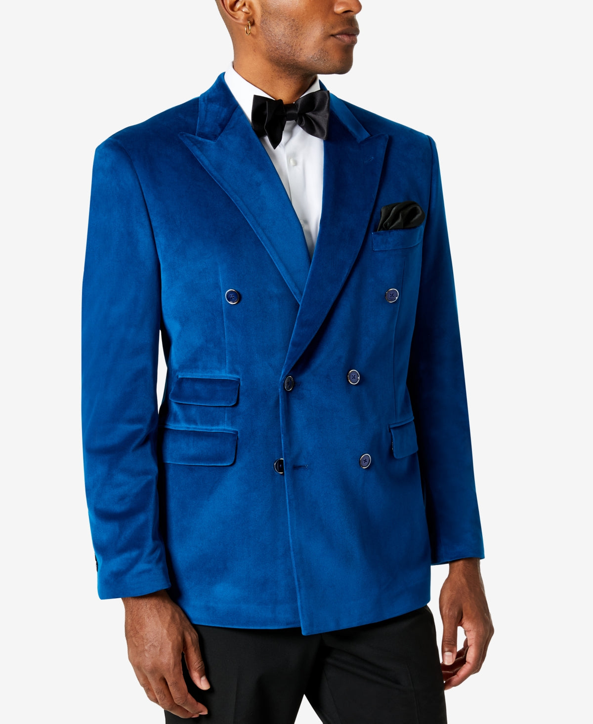 Tayion Collection Men Classic Fit Velvet Jacket Blazer 50R Blue Double Breasted