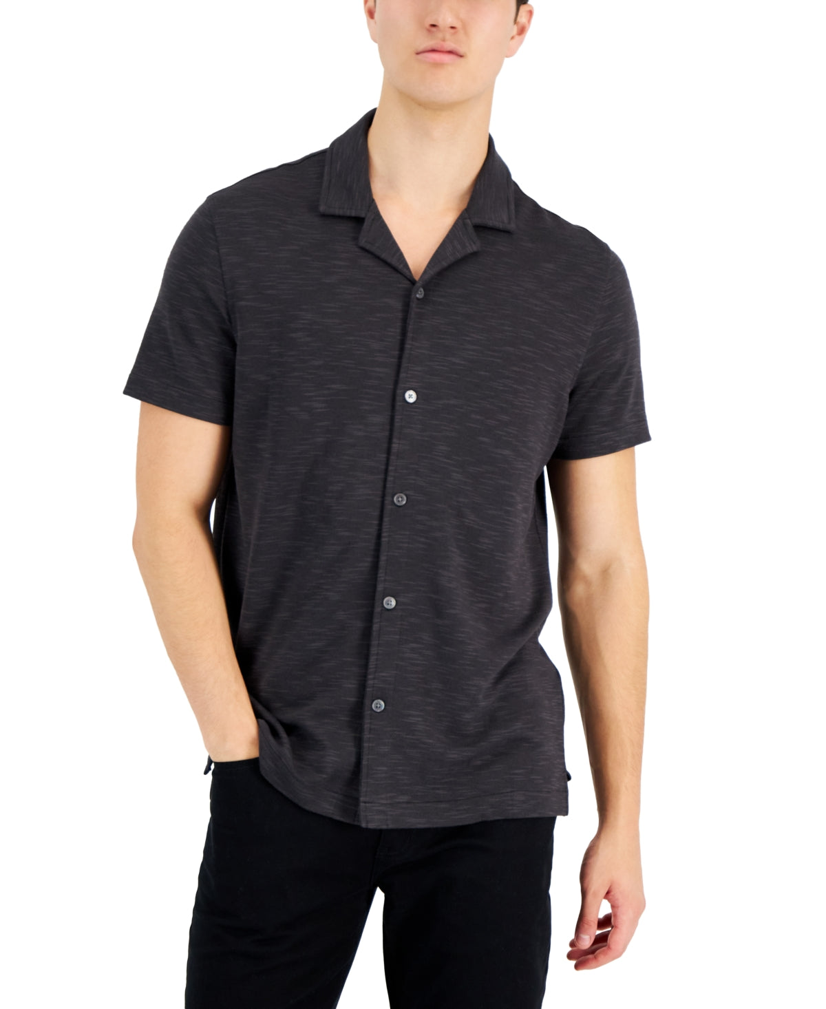 Alfani Men's Slub Pique Textured Short Sleeve Button Down Shirt Black Medium