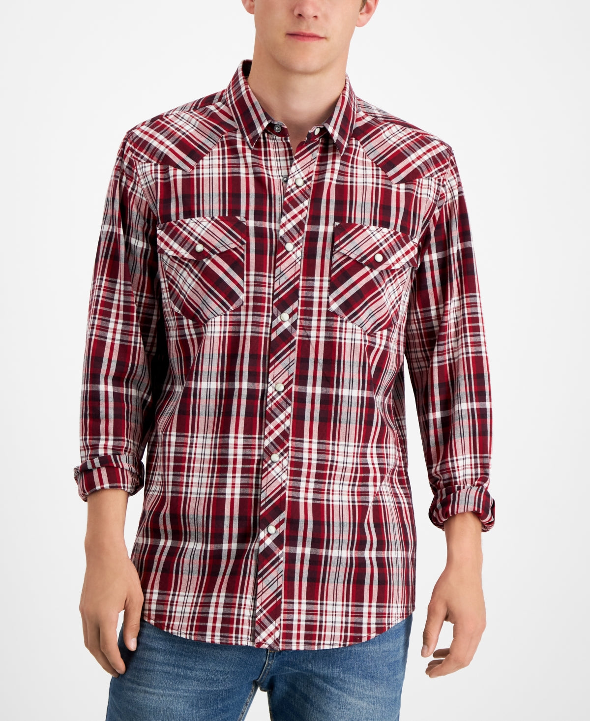 Sun + Stone Men's Remington Plaid Western Shirt Worn Red  Medium