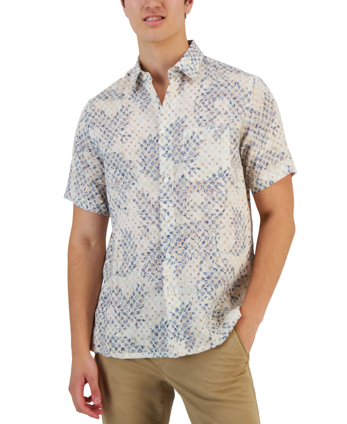 Club Room Mens Leaf Print Short Sleeve Button Down Shirt  Bright White XL