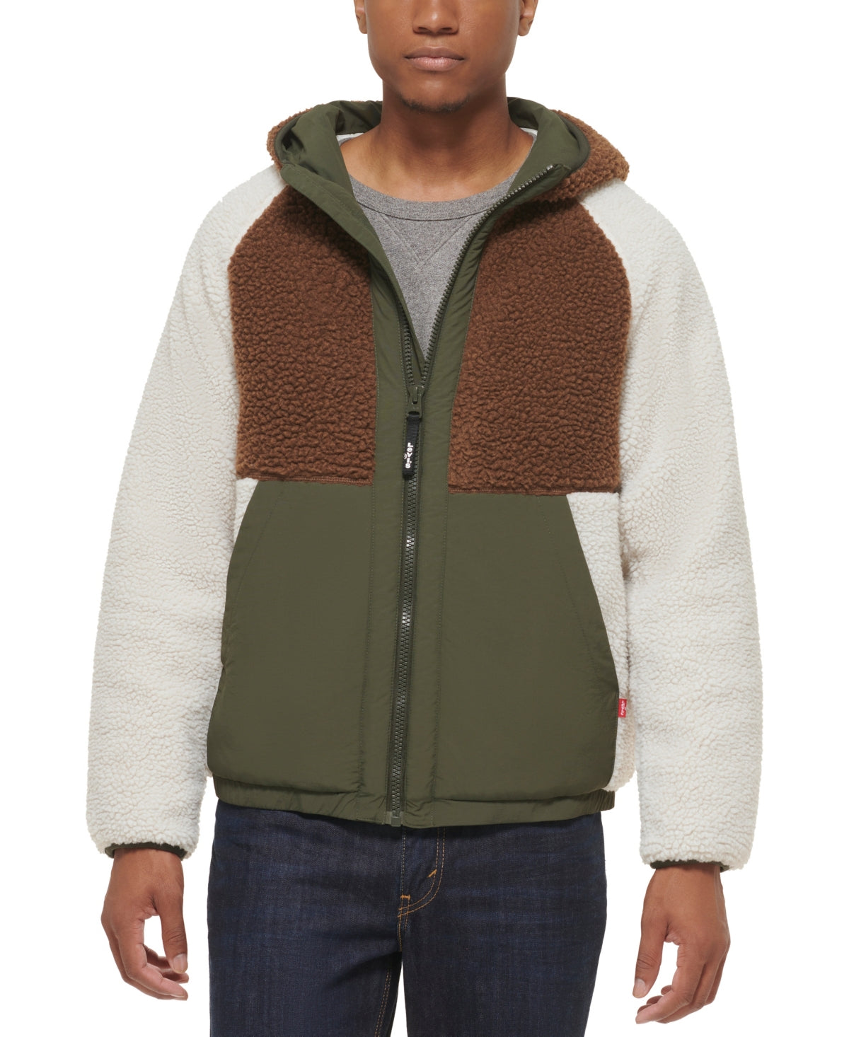 Levis Mens Color Block Sherpa Jacket Brown Navy Creme Combo Large