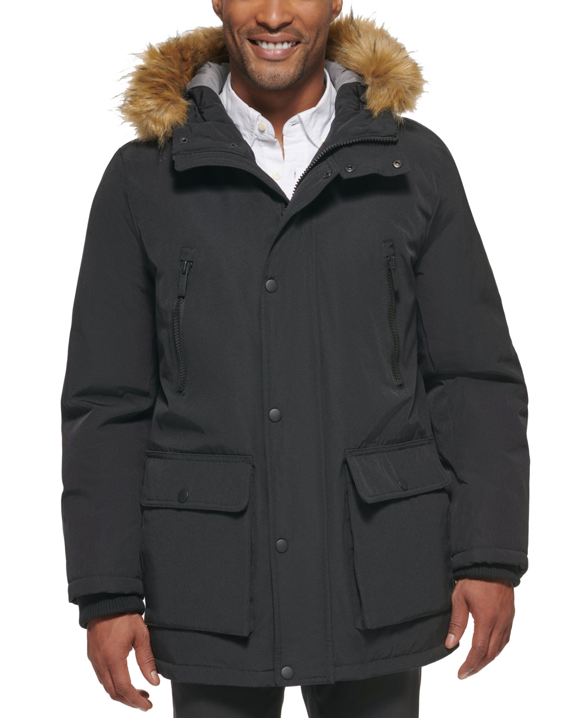 Club Room Mens Parka Coat Medium Grey Fur Trim Solid
