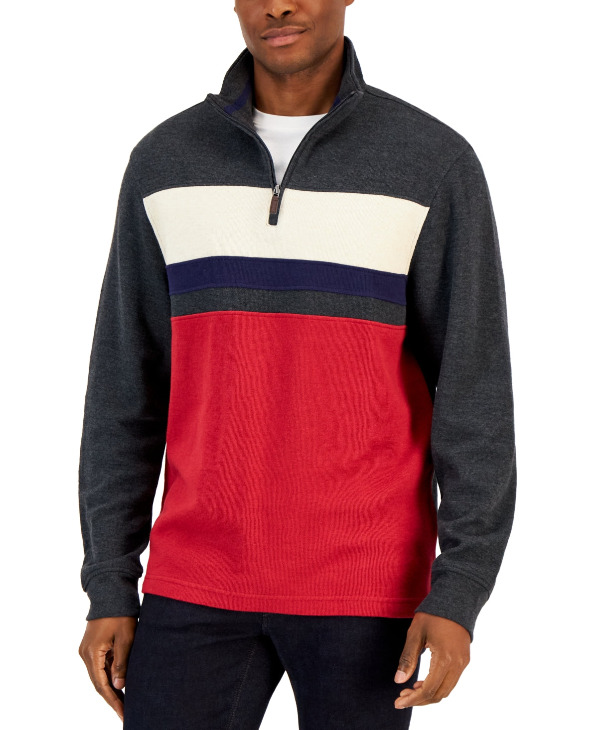 Club Room Men's Colorblocked Quarter Zip Pullover Sweater French Rib Dark Lead Small