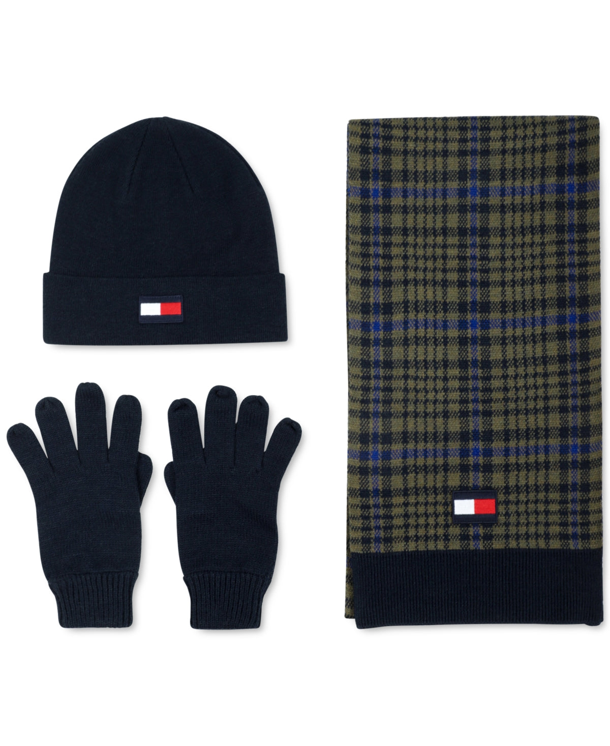 Tommy Hilfiger Men's Plaid Scarf Logo Beanie & Gloves Set  Dark Green