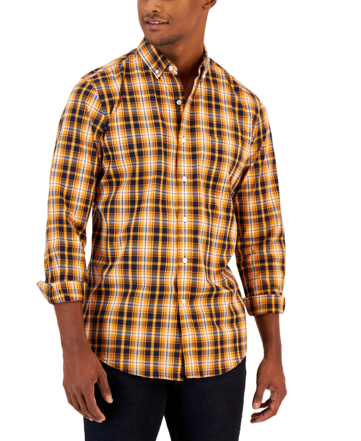 Pascal Mens Plaid Classic Fit Buttondown Shirt Club Room Orange Medium