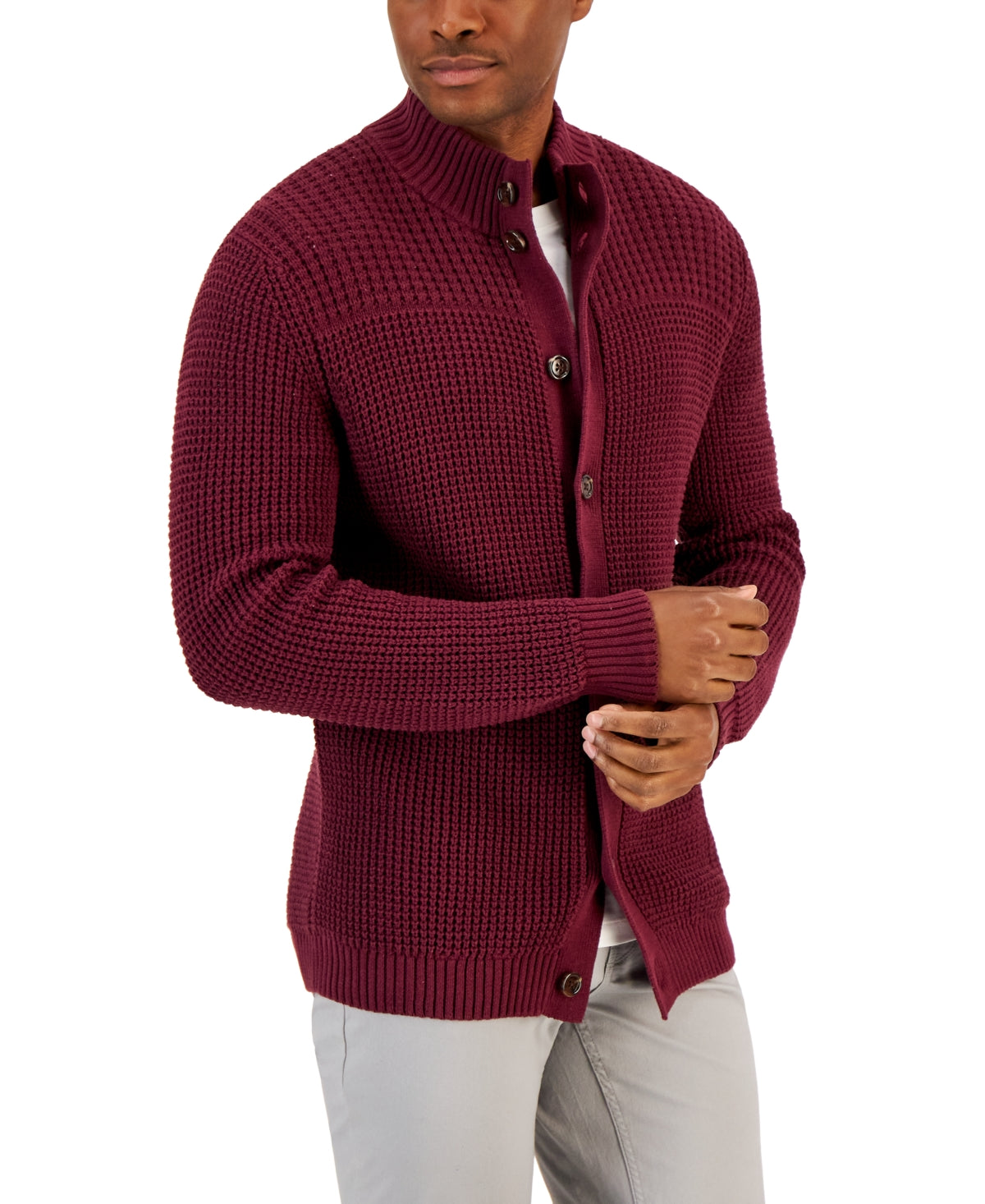 Club Room Men's Chunky Waffle Cardigan Sweater Small Red Plum