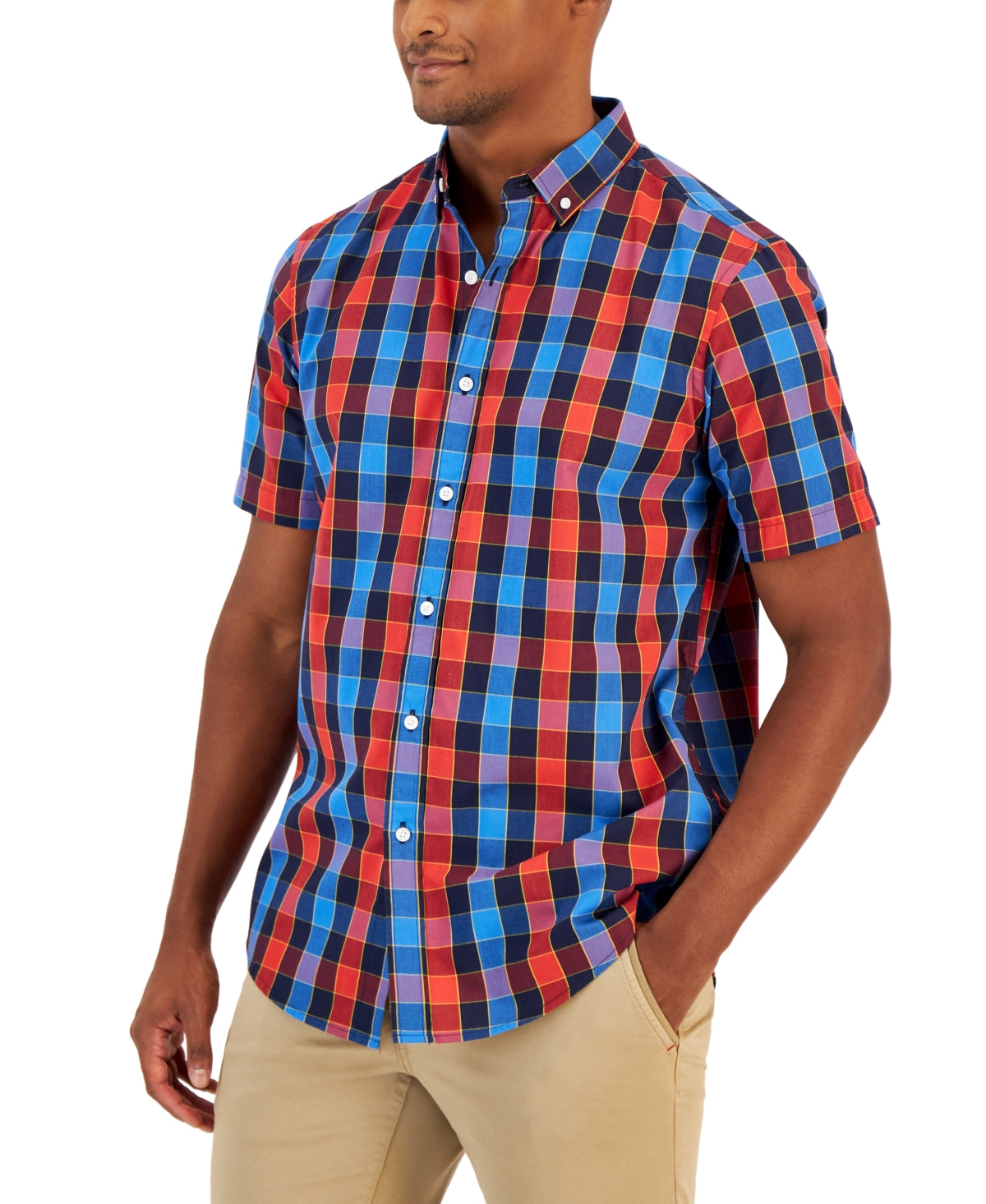 Club Room Men's Short Sleeve Navy Blue Plaid Button Down Shirt Small