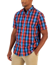Club Room Men's Short Sleeve Navy Blue Plaid Button Down Shirt Small