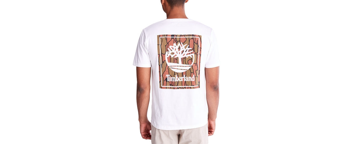 Timberland Mens Back Stack Logo Camo Tee Tree Bark Print Small