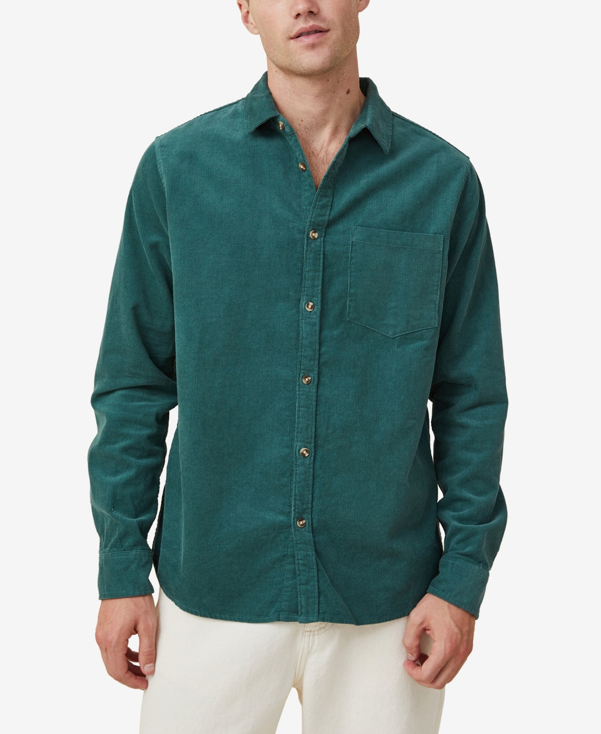 COTTON ON Mens Camden Long Sleeve Corduroy Button Down Shirt Emerald Green XL