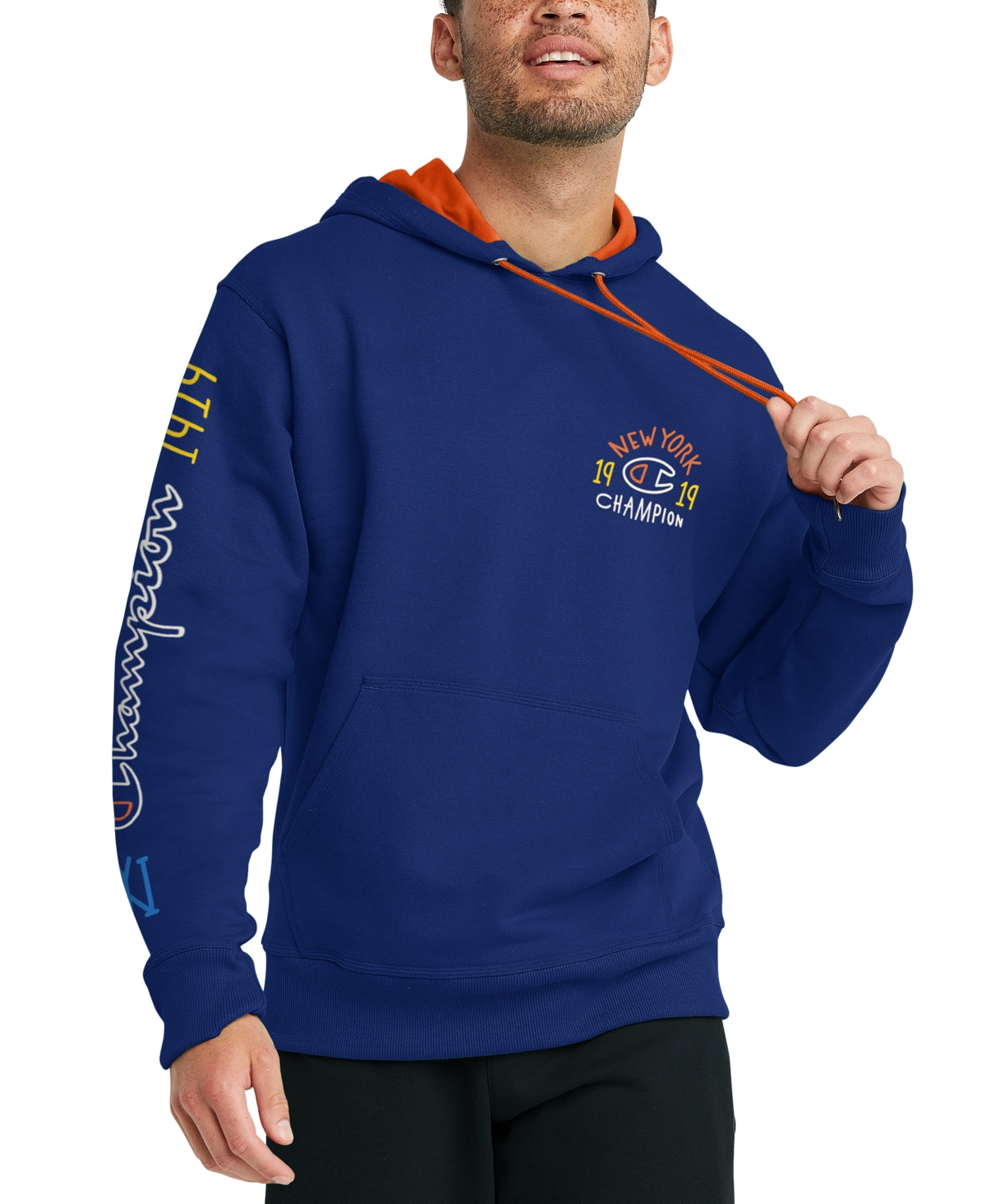 Champion Men's Powerblend Logo-Print Hoodie BLUE SMALL