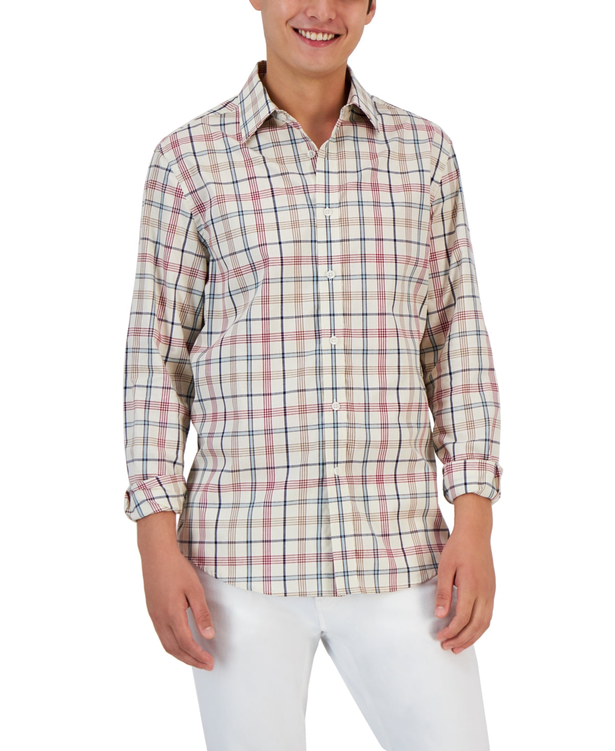 Club Room Mens Palermo Plaid Button Down Shirt Winter Ivory Combo XL