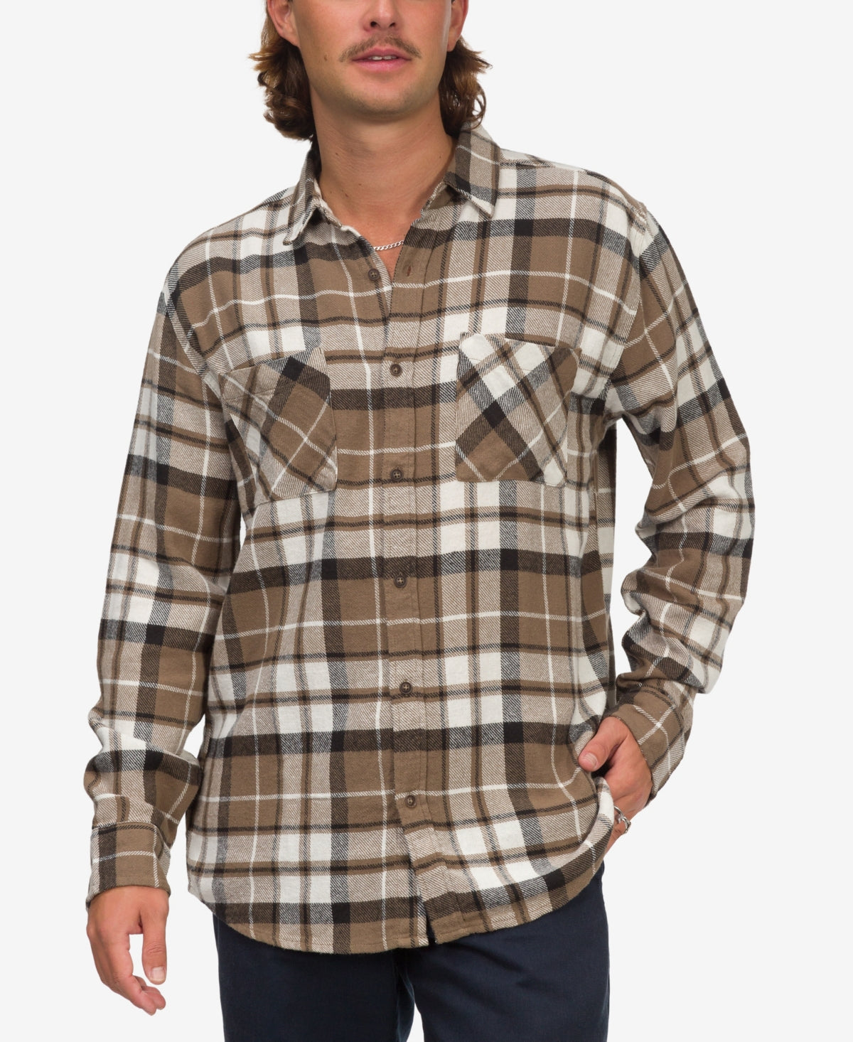 Junk Food Men's Jude Long Sleeve Button Down Plaid Shirt Brown Medium