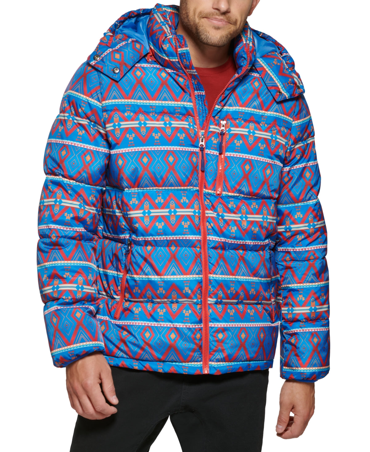 Club Room Men's Stretch Hooded Puffer Jacket Kings Patch Work Blue XL