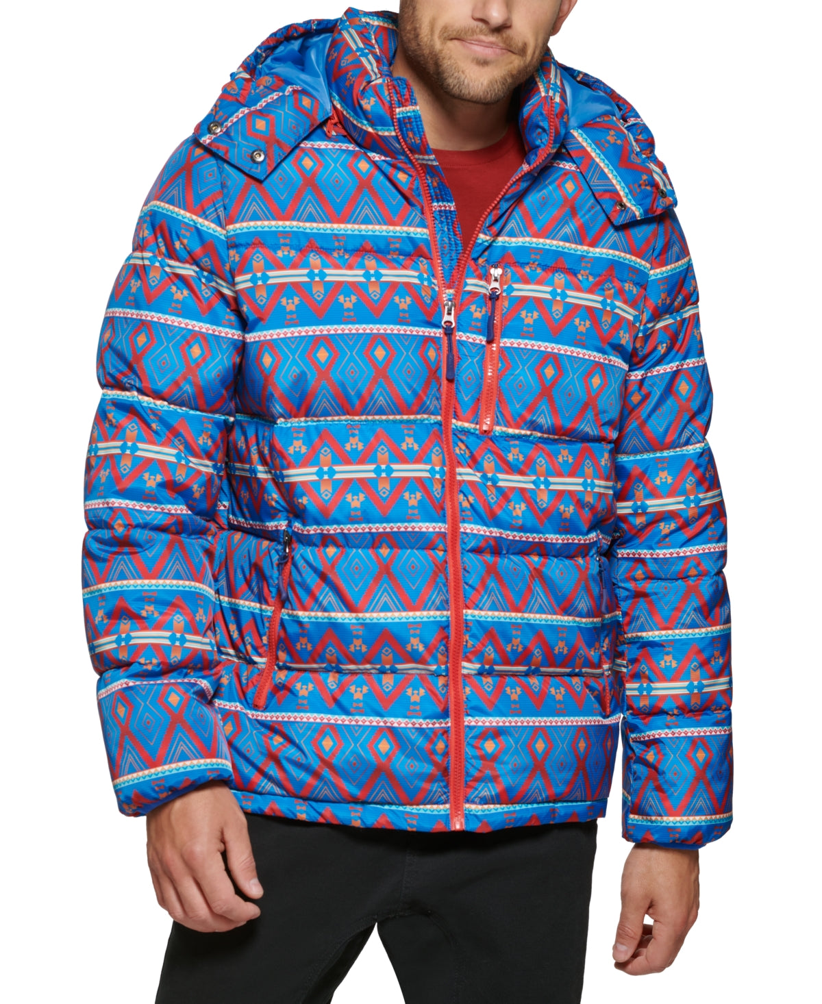 Club Room Mens Stretch Hooded Puffer Jacket Coat Paw Blue Red XL