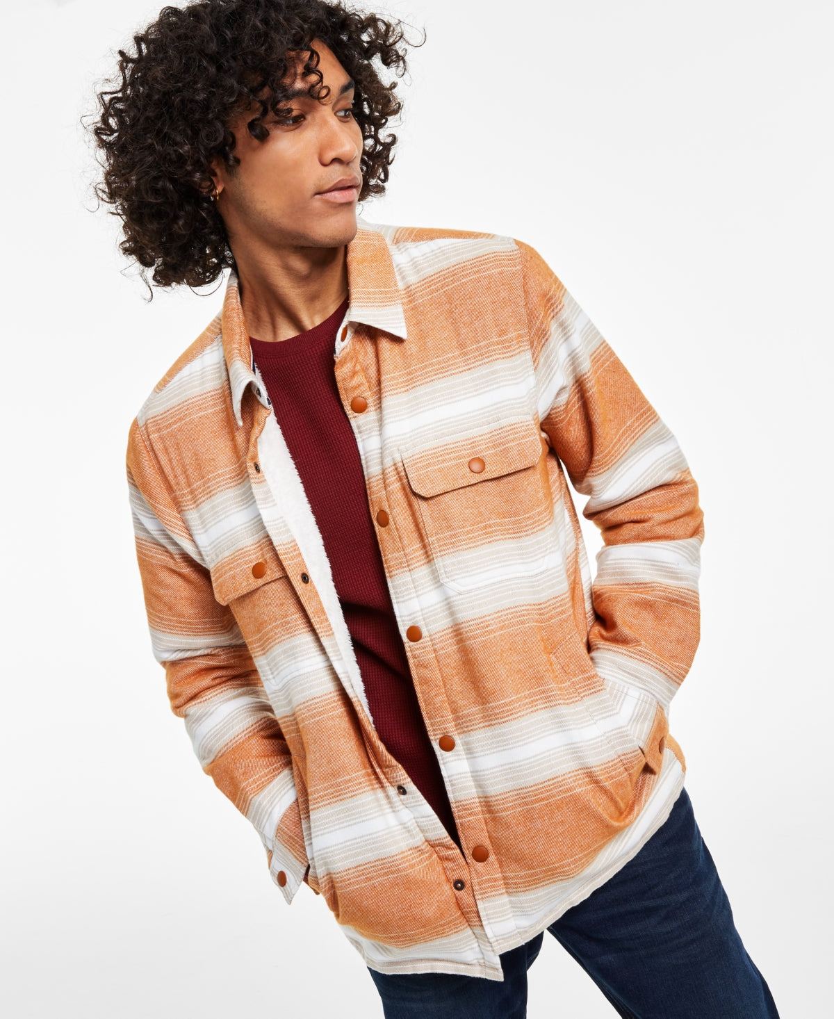 Sun + Stone Men's Kip Fleece-Lined Flannel Shirt Jacket Large Caramel Cafe