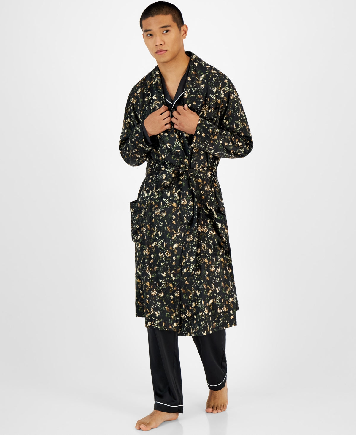 INTERNATIONAL CONCEPTS  Mens Floral Print Robe Black Green Small Medium