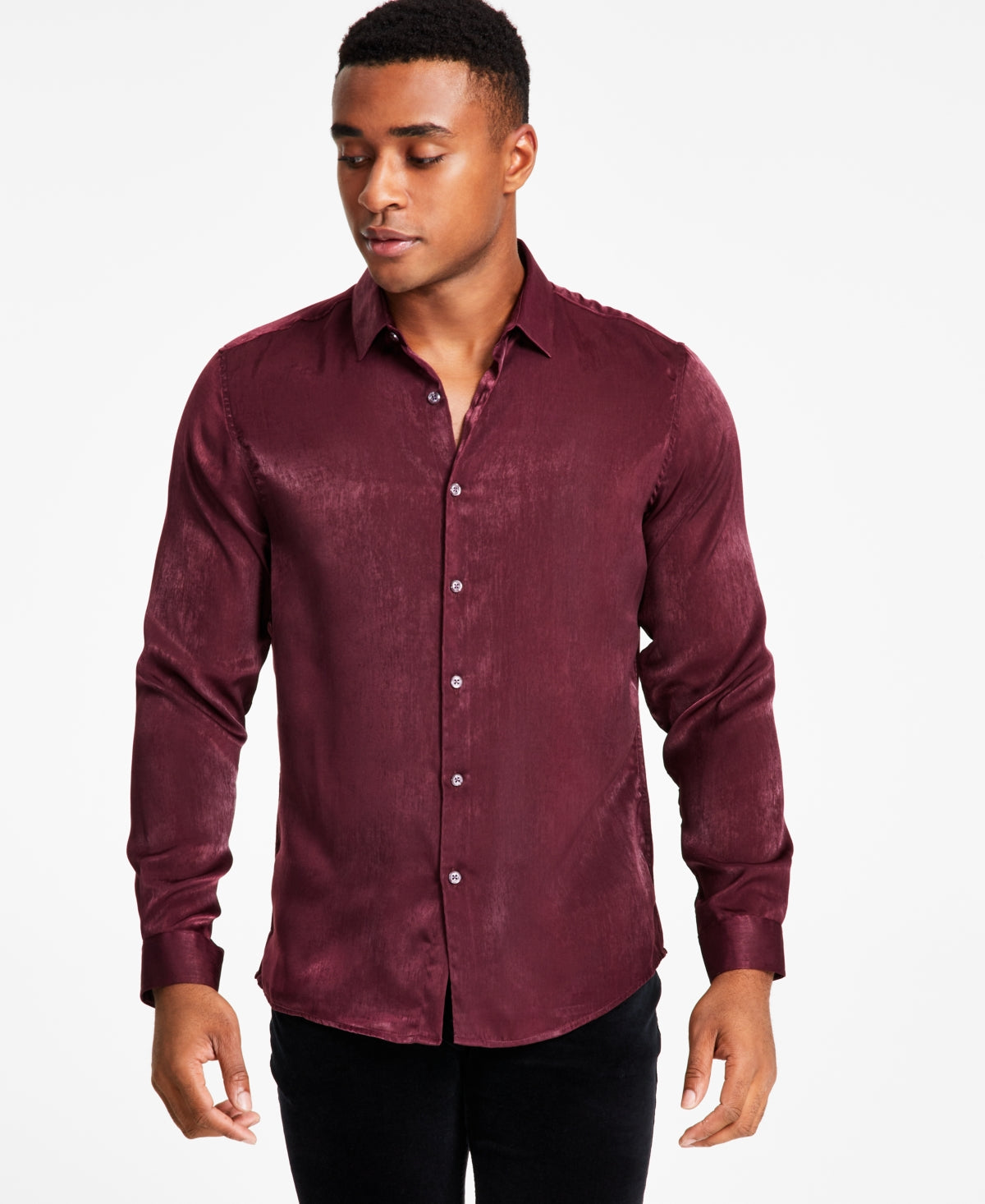 International Concepts Men's Regular Fit Satin Button Down Shirt Red Wine Xs