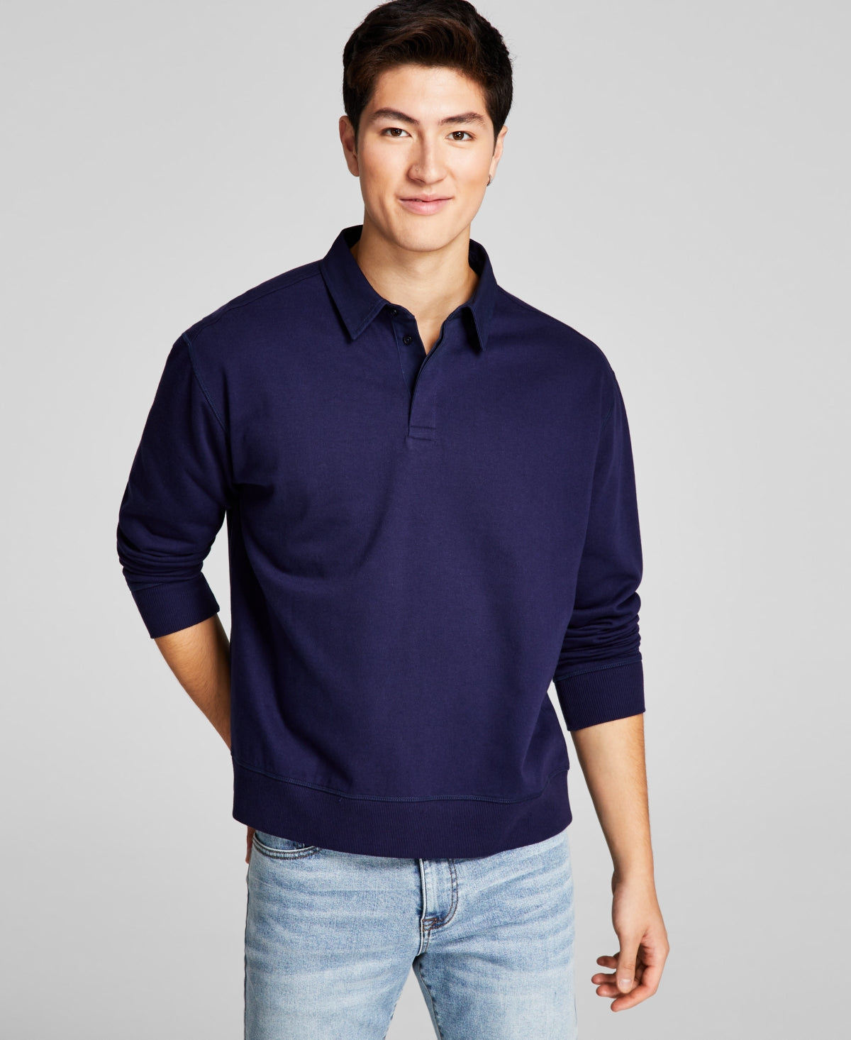And Now This Men's Solid Fleece Polo Shirt Long-Sleeve Evening Blue Medium