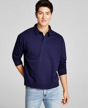 And Now This Men's Solid Fleece Polo Shirt Long-Sleeve Evening Blue Medium