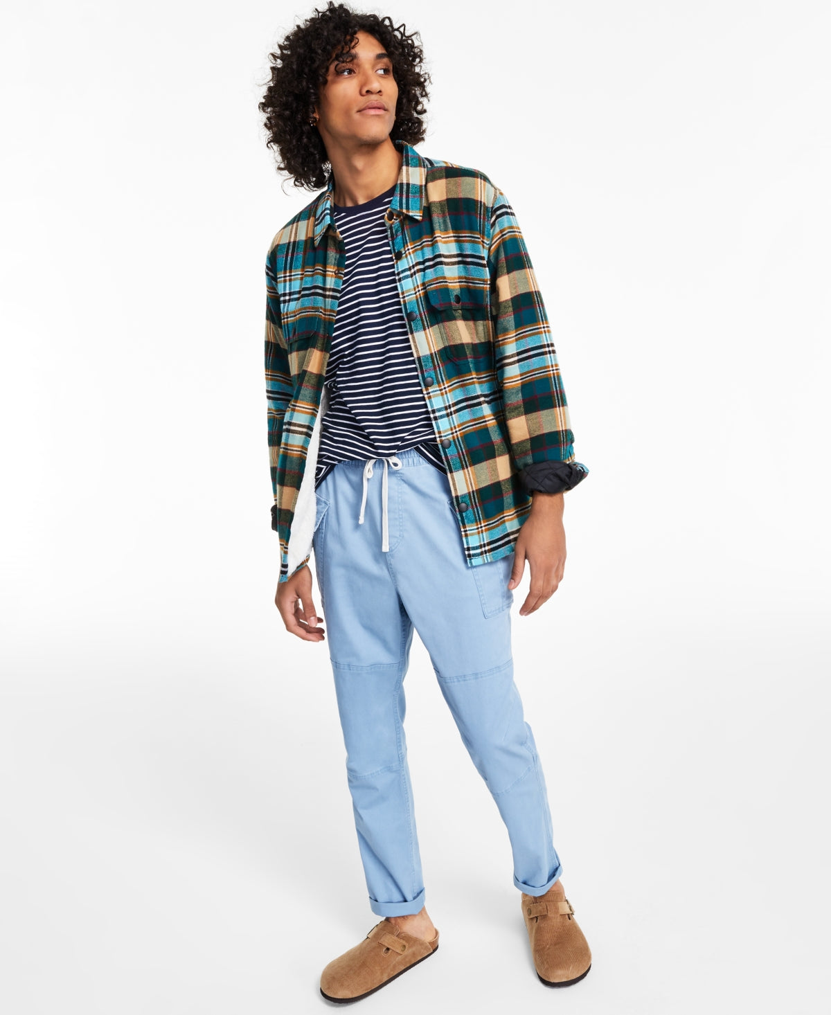 Sun + Stone Men's Hardy Sherpa Lined Plaid Flannel Shirt Jacket Medium Green