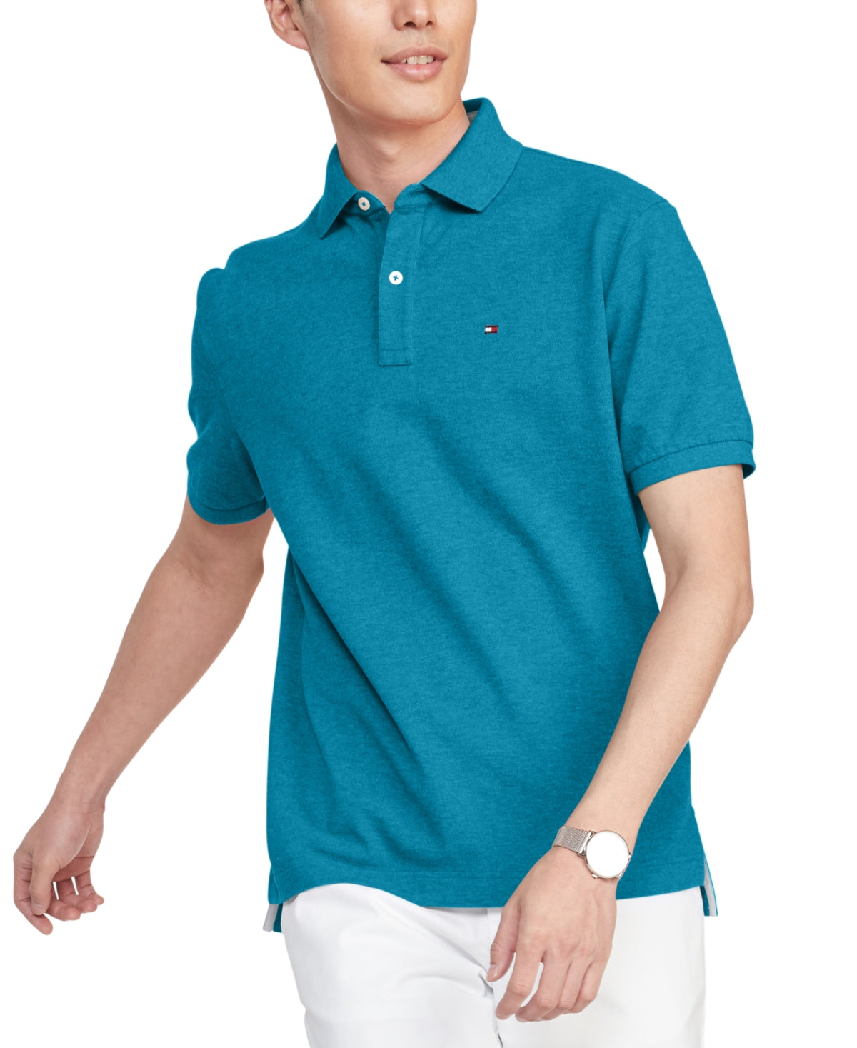 Tommy Hilfiger Mens Custom-Fit Ivy Polo Shirt Teal Heather Small