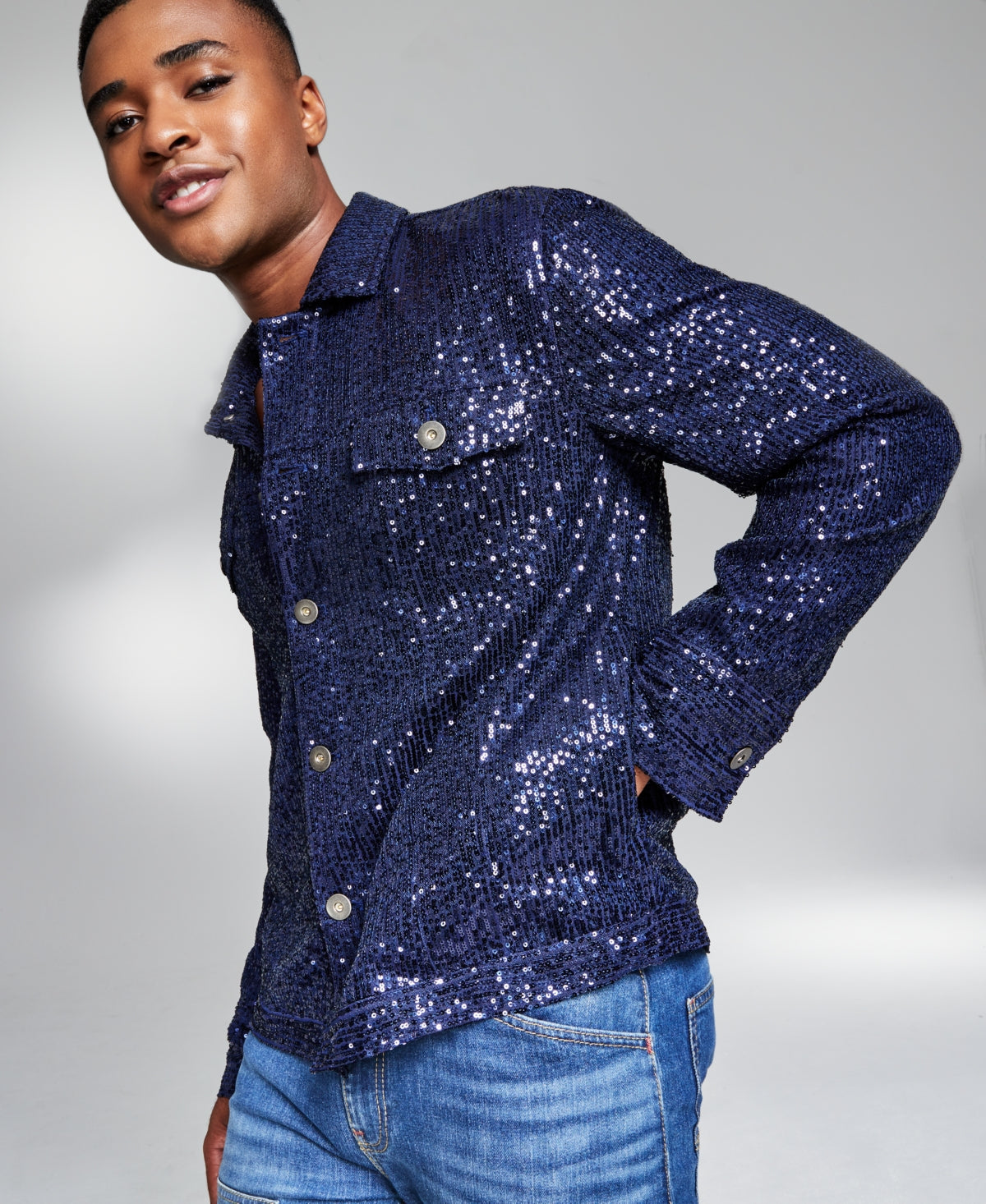 And Now This Jerome Lamaar Men's Sequin Trucker Jacket  Batik Navy  Dark Blue Xxl