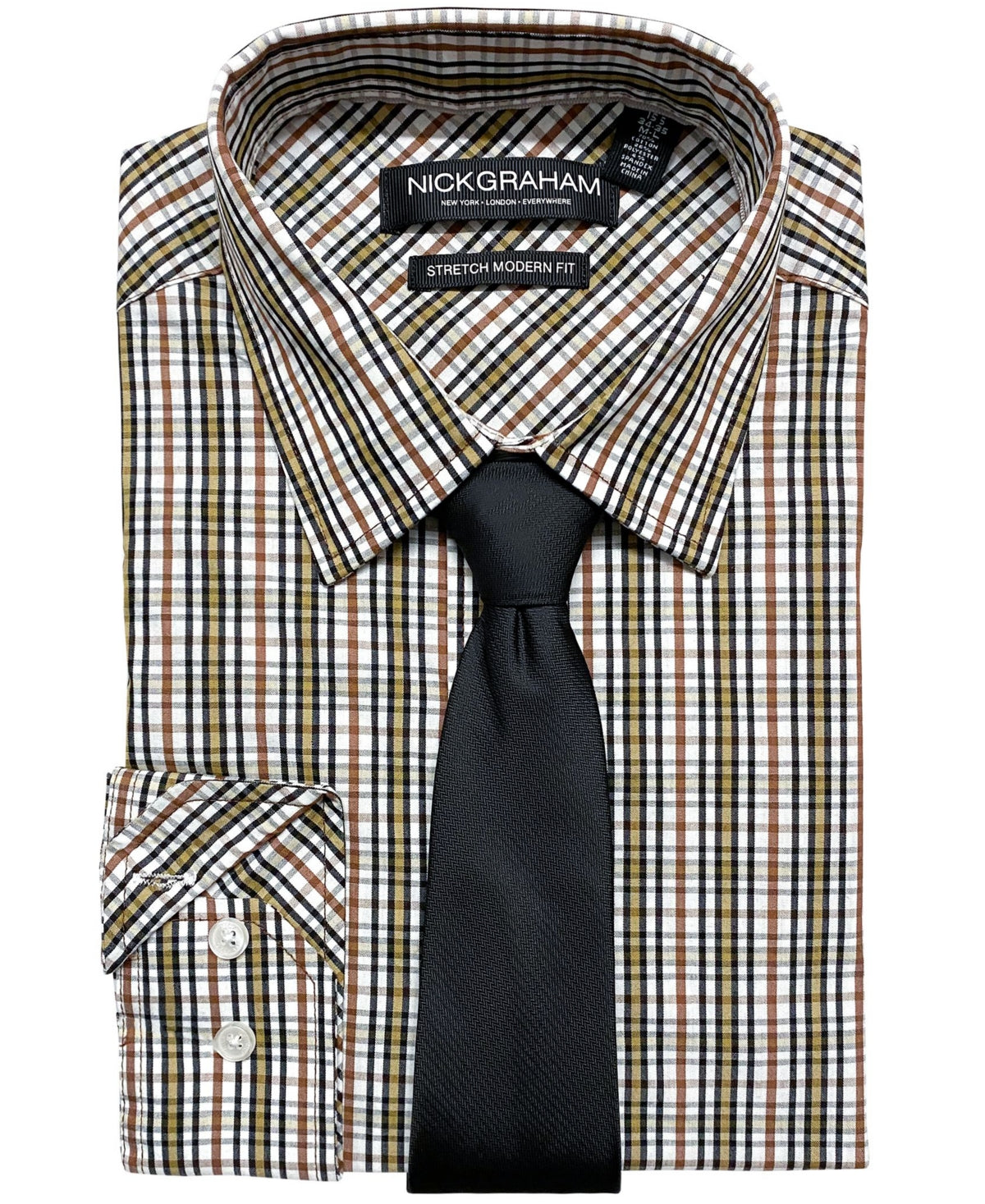 Nick Graham Mens Slim Fit Plaid Brown Dress Shirt Tie Set 16 - 16.5 / 32 - 33