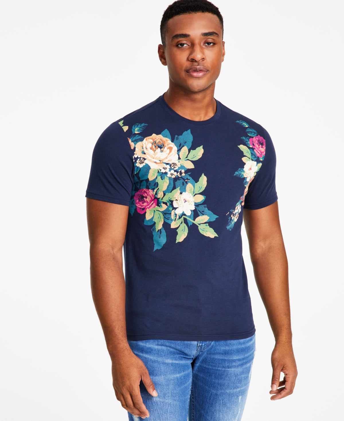 INC International Concepts Mens Andres Floral Graphic T Shirt Basic Navy Blue XL