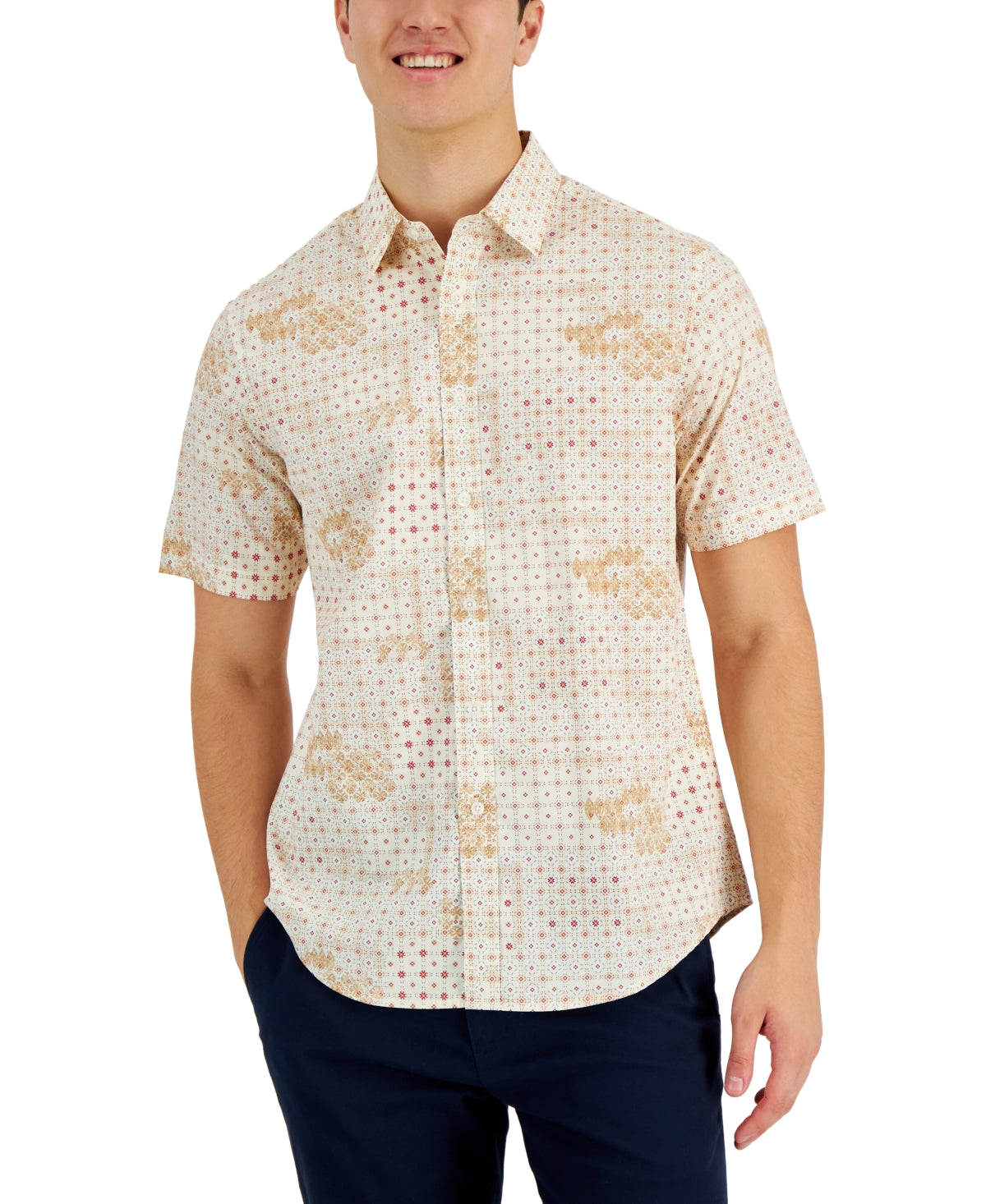 Brook Mens Cotton Printed Button Shirt Club Room White Sm
