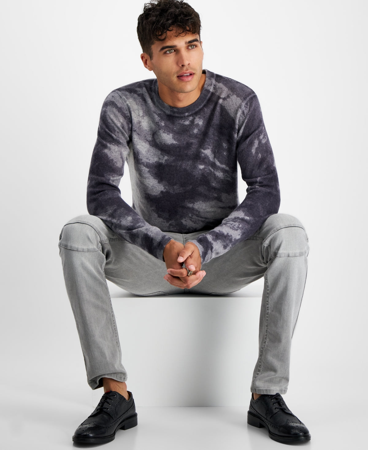 INC International Concepts Mens Cashmere Blend  Tiedye Crewneck Sweater Gray Xs