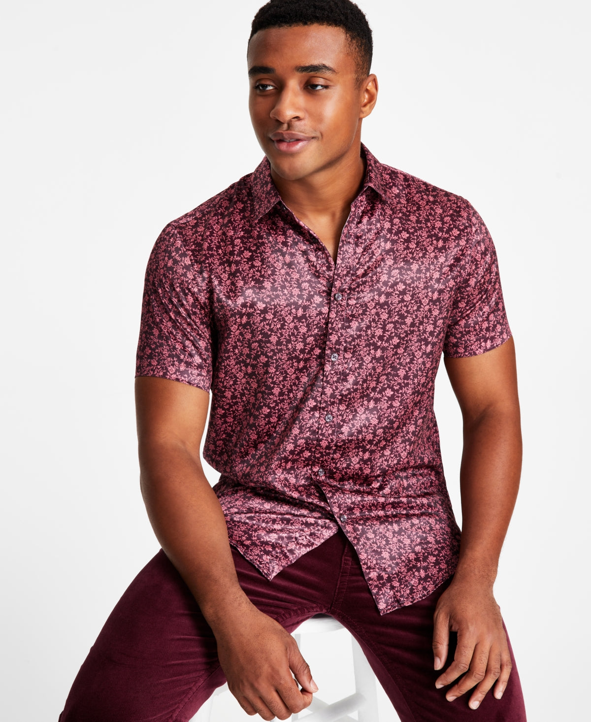INC International Concepts Mens Floral Regular-Fit Button Down Shirt Red Medium