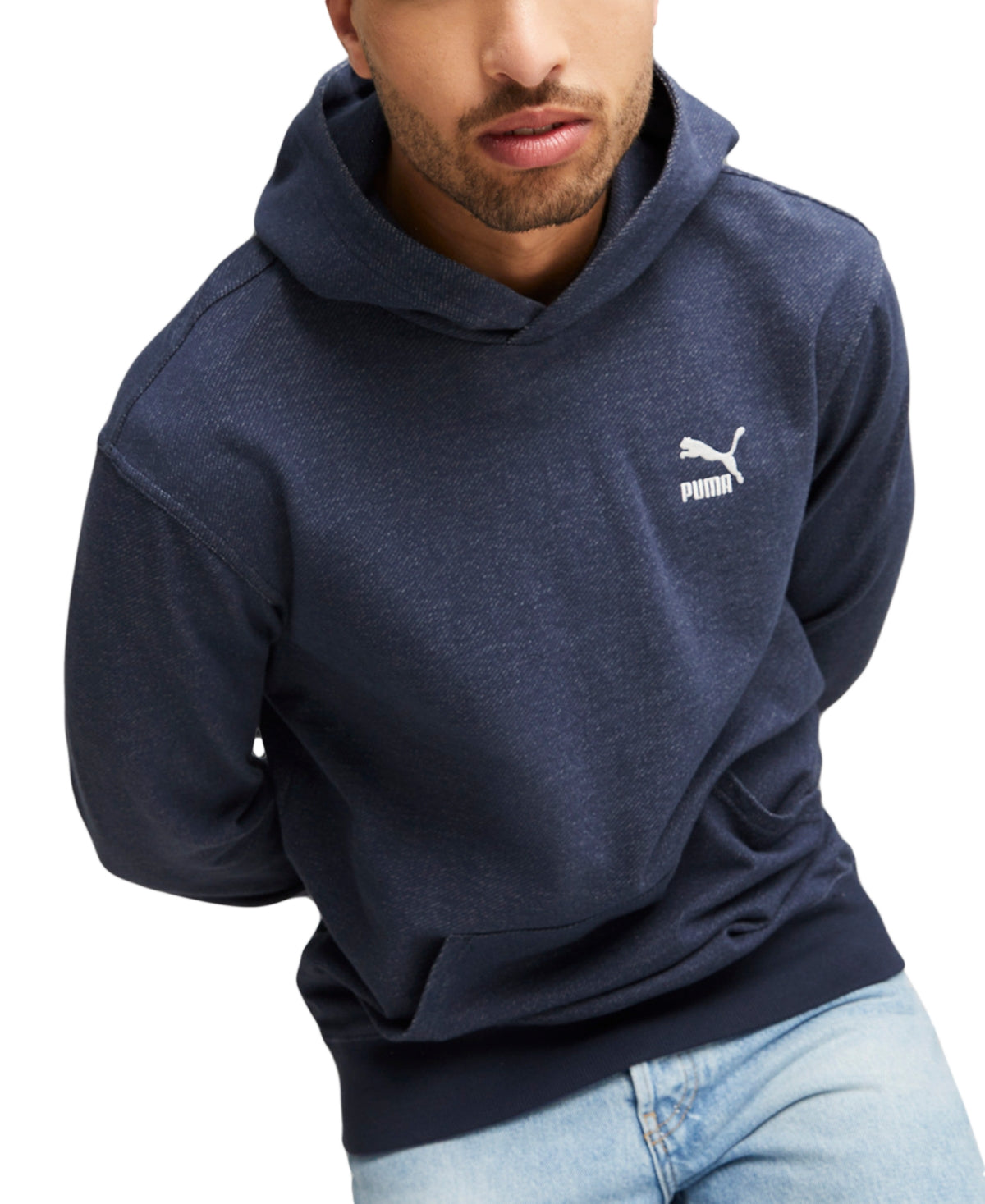 Puma Men's Denim Fleece Adjustable Drawstring Hoodie Sweatshirt Large BlueIndigo