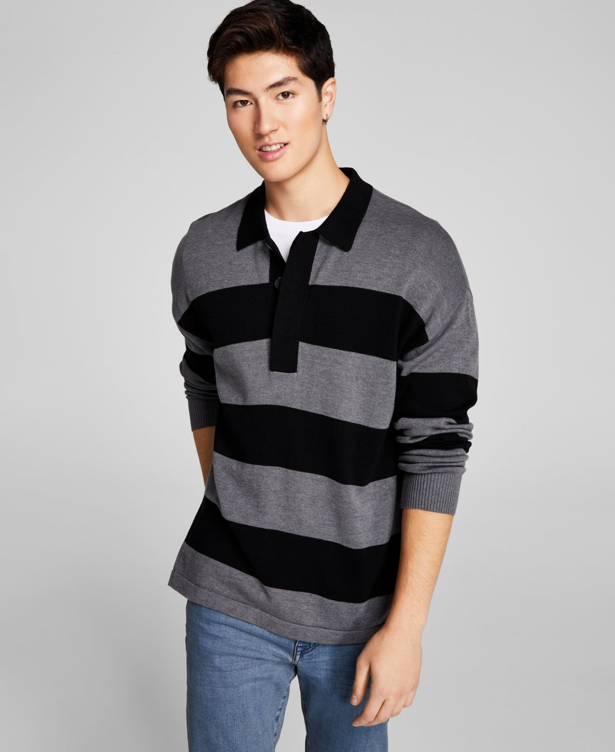 And Now This Men's Knit Striped Pullover Sweater Charcoal Small