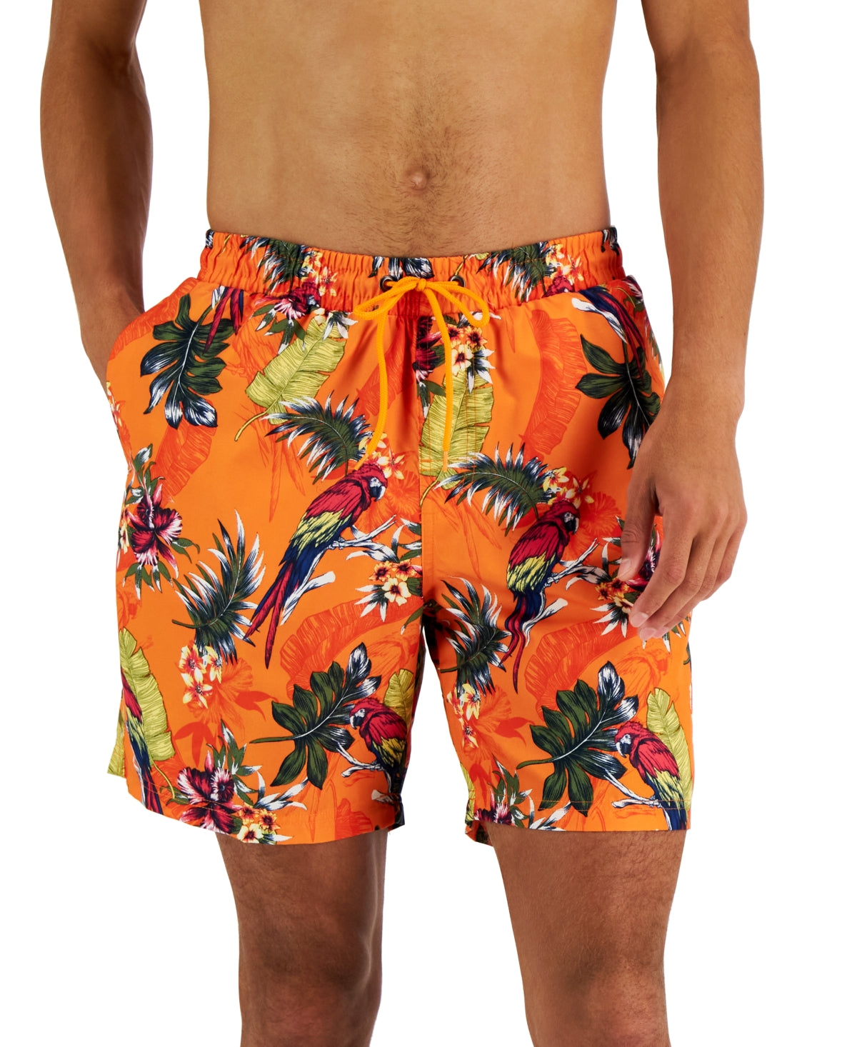 Club Room Men's Tropical Birdprint Swim Shorts Orange Large