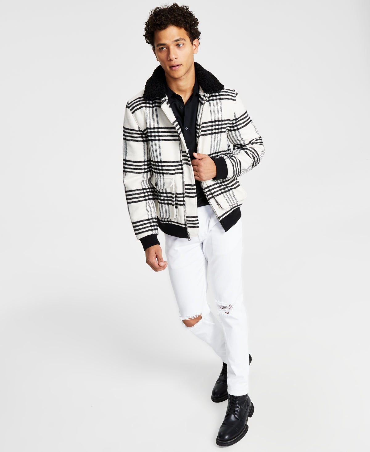INC International Concepts Men's Loki Plaid Fleece Collar Jacket White XL
