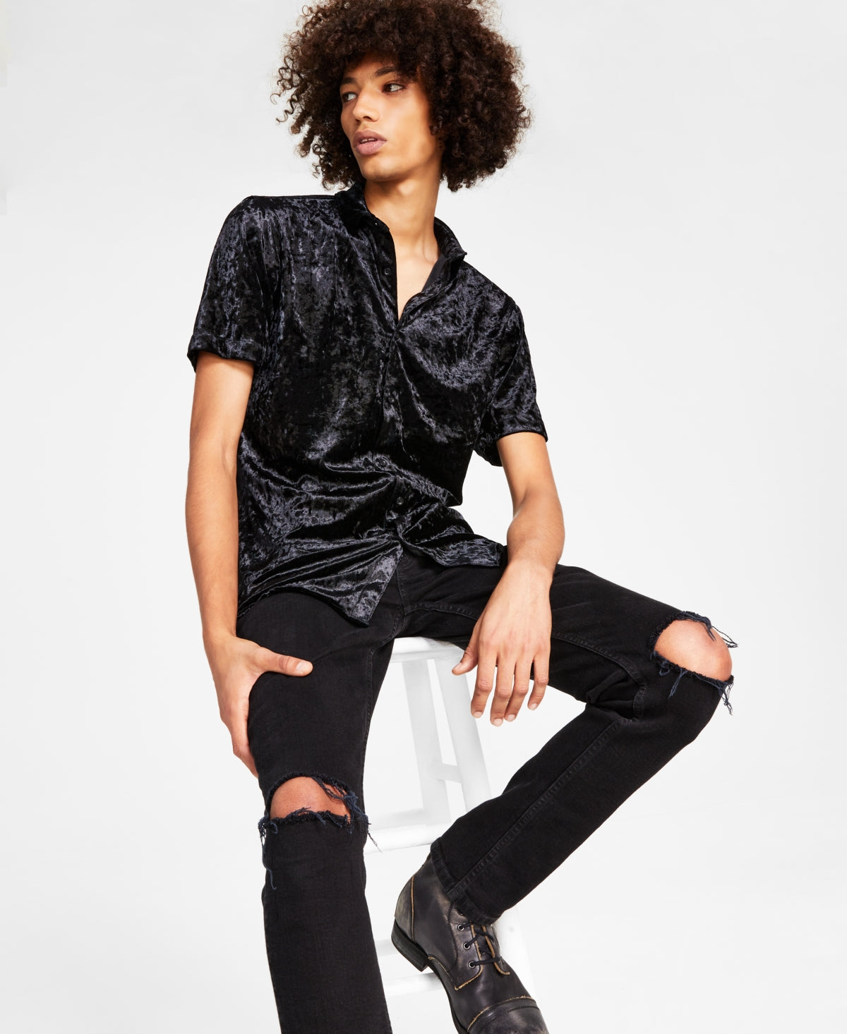 INC International Concepts Mens Classic-Fit Crushed Velvet Shirt Deep Black Small